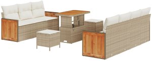 Zestaw 10-częściowy kanap ogrodowych z poduszkami Beżowy Polirattan Akacja, Zestaw 3-częściowy do ogrodu z poduszkami Beżowy Polirattan Akacja 2