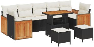 vidaXL Zestaw ogrodowy w 10 części z poduszkami Czarny Polirattan Akacja, Zestaw obiadowy ogrodowy w 3 części z poduszkami Czarny Polirattan Akacja 2