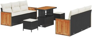 vidaXL 9-częściowy zestaw sof ogrodowych z poduszkami Czarny Polirattan Akacja, 3-częściowy zestaw do jadalni z poduszkami Czarny Polirattan Akacja 2