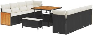 vidaXL 11-częściowy zestaw sof ogrodowych z poduszkami, czarny polirattan, akacja, 3-częściowy zestaw stołów i sof ogrodowych z poduszkami, czarny polirattan, akacja 2