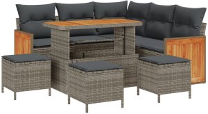 vidaXL Zestaw Sofy Ogrodowej 8 elementów z poduszkami Szary Polirattan Akacja, Zestaw Stołowy 3 elementy z poduszkami Szary Polirattan Akacja 2