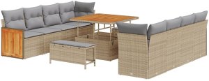 Zestaw 11-częściowy kanap ogrodowych z poduszkami Beżowy Polirattan Akacja, Zestaw 3-częściowy do jedzenia ogrodowego z poduszkami Beżowy Polirattan Akacja 2