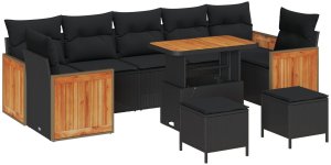 Zestaw sofy ogrodowej vidaXL 10-częściowy z poduszkami czarny polirattan akacjowy, Zestaw jadalniany vidaXL 3-częściowy z poduszkami czarny polirattan akacjowy 2