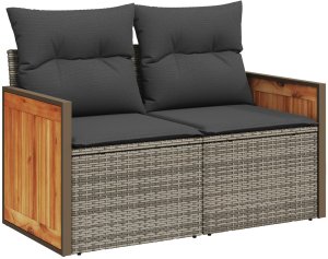 vidaXL Zestaw sofy ogrodowej 8 części z poduszkami szary polirattan akacja, Zestaw stołów jadalnych 3 części z poduszkami szary polirattan akacja 6