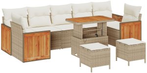 Zestaw 10-elementowy Sofy Ogrodowej z Poduszkami Beżowy Polirattan Akacja, Zestaw 3-elementowy jadalny z Sofy Ogrodowej z Poduszkami Beżowy Polirattan Akacja 2