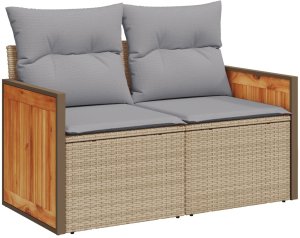 Zestaw 12-częściowy sof ogrodowych z poduszkami Beżowy Polirattan Akacja, Zestaw obiadowy ogrodowy 3-częściowy z poduszkami Beżowy Polirattan Akacja 6