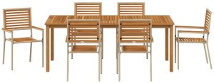 7-elementowy zestaw jadalniany vidaXL Beżowy Polirattan Akacja, Składane krzesła ogrodowe vidaXL z poduszkami - zestaw 2 w Beżowym Polirattan 7