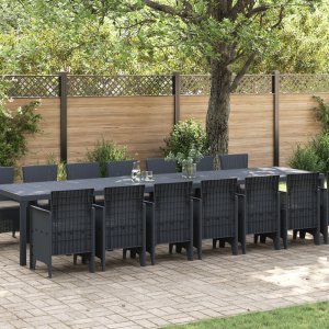vidaXL 15-częściowy zestaw do jadalni w ogrodzie z poduszkami antracytowy rattan polipropylenowy, Stół ogrodowy vidaXL antracytowy 250x100x73 cm polirattan, Stół ogrodowy vidaXL antracytowy 150x100x73 cm polirattan, Krzesła ogrodowe vidaXL z podusz 1
