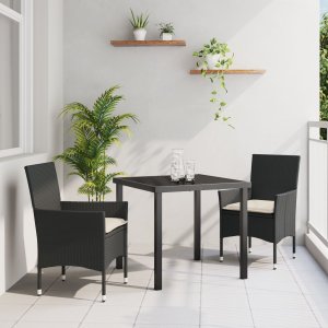 vidaXL 3-częściowy zestaw do jadalni ogrodowej z poduszkami w jasno szarym polirattanie, vidaXL Czarny stół ogrodowy 80x80x73 cm z hartowanym szkłem 1