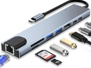 Stacja/replikator Verk Hub adapter 8w1 przejściówka 2x usb-c thunderbolt 3 2xusb hdmi sd rj45 2