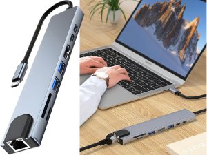 Stacja/replikator Verk Hub adapter 8w1 przejściówka 2x usb-c thunderbolt 3 2xusb hdmi sd rj45 5