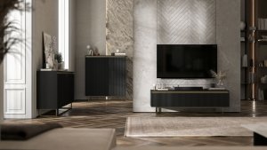 Komoda RTV SELENE Glamour Czarny Mat Ryflowane fronty metalowa rama 110,8 cm 6