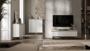 Meble Lindner Komoda RTV SELENE Glamour Biały Mat Ryflowane fronty metalowa rama 110,8 cm 6