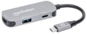 MANHATTAN USB-C 3-in-1 Konverter mit Power Delivery USB 3.2 Typ-C-Stecker auf HDMI 4K30Hz USB-A 5Gbit/s und USB-C PD 100W Alu Grau 4