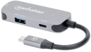 MANHATTAN USB-C 3-in-1 Konverter mit Power Delivery USB 3.2 Typ-C-Stecker auf HDMI 4K30Hz USB-A 5Gbit/s und USB-C PD 100W Alu Grau 5