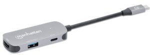 MANHATTAN USB-C 3-in-1 Konverter mit Power Delivery USB 3.2 Typ-C-Stecker auf HDMI 4K30Hz USB-A 5Gbit/s und USB-C PD 100W Alu Grau 6