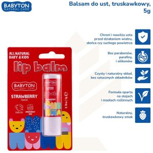 Babyton, Balsam do ust, truskawkowy smak, bezpieczny od narodzin, 5 g 2