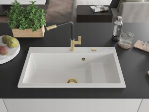 Granitinė virtuvinė plautuvė Mexen Omar su sifonu, White/Gold 2