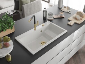 Granitinė virtuvinė plautuvė Mexen Omar su sifonu, White/Gold 3