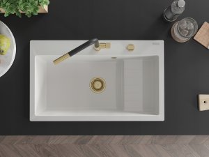 Granitinė virtuvinė plautuvė Mexen Omar su sifonu, White/Gold 4