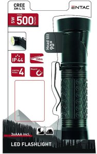 LED flashlight ENTAC, IP44, 5W, 500lm, batteries 3xAAA (not included), head rotates 90deg, black, 4x14cm 1