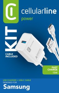 Cellularline Adaptive Fast Charger Kit 15W - USB-C - Samsung, Indoor, AC, 1 m, White 1