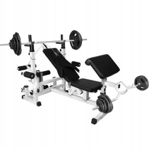 Ławka do wyciskania 6w1 biała + 2 sztangi żeliwne regulowane (zestaw 70 kg 30mm) 1
