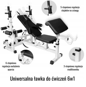 Ławka do wyciskania 6w1 biała + 2 sztangi winylowe regulowane (zestaw 130 kg 30mm) 6