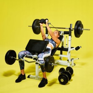 Ławka do wyciskania 6w1 biała + 2 sztangi winylowe regulowane (zestaw 70 kg 30mm) 4