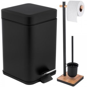 Nowoczesny Zestaw Łazienkowy Yoka Home  Czarny Mat z Bambusem: Kwadratowy Kosz 3L i Stojak na Papier ze Szczotką WC (2w1) 1