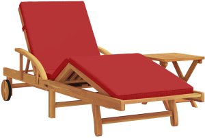 vidaXL Leżak słoneczny z poduszką i stołem w czerwonym drewnie akacjowym, Składany leżak z kółkami i poduszką w czerwonym drewnie akacjowym 2