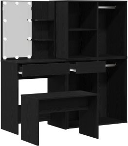 Zestaw toaletkowy vidaXL z oświetleniem LED czarny dąb, materiał drewnopochodny, Toaletka LED vidaXL w czarnym dębie, 60x40x140 cm, wykonana z materiału drewnopochodnego, Cabinet kosmetyczny vidaXL czarny dąb 80x40x75 cm, z materiału drewnopochodne 4