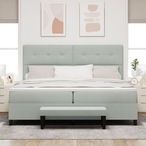 vidaXL Łóżko z box spring z materacem i ławką jasnoszarym 200x200 cm 4