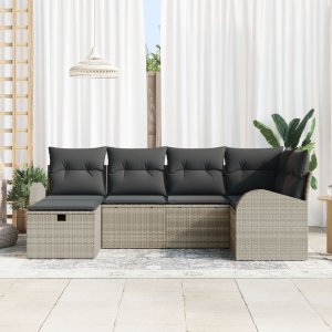 vidaXL Zestaw 6-elementowy sofa ogrodowa z jasnoszarymi poduszkami z poli rattan 3
