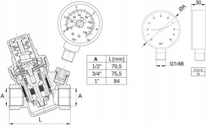 Diamond zawór redukcyjny ciśnienia wody, wlot/wylot GW 1" z ciśnieniomierzem TYP:418 ART.301-25 11