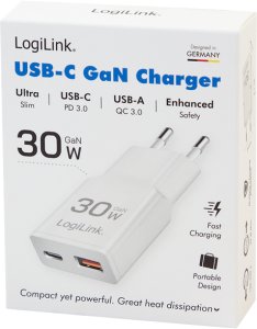 LogiLink USB Wall Charger, GaN, 2port, USB-AF & USB-CF, PD 30W, slim, white 4