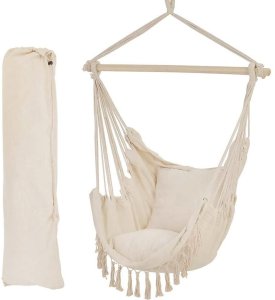 Huśtawka ogrodowa, fotel wiszący brazylijski z poduszkami 130kg beżowy 5