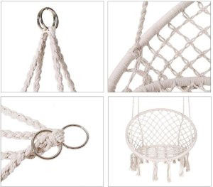 Ażurowa huśtawka ogrodowa, fotel wiszący z poduszką, bocianie gniazdo 150kg beżowy 3