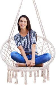 Ażurowa huśtawka ogrodowa, fotel wiszący z poduszką, bocianie gniazdo 150kg beżowy 10