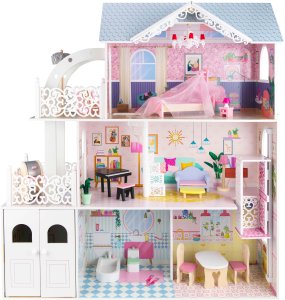 Drewniany domek dla lalek Oliwia z balkonem, garażem i akcesoriami 1