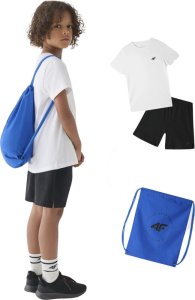 Zestaw dzięciecy komplet sportowy koszulka spodenki worek plecak do szkoły na WF 4F M022 biało-czarno-niebieski 4FJWAW24TAPSM022 20S 122/128cm 1