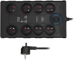 Solight přepěťová ochrana, 8z, USB A+CA, 2m, černá 1