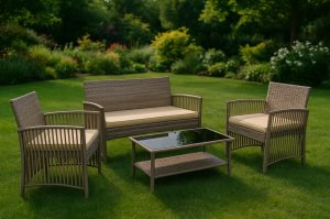 Zestaw mebli ogrodowych Sofa 2 fotele i stolik Metalowe beżowe 3