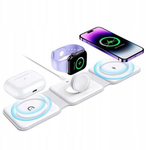 QIKtech Ładowarka Indukcyjna MagSafe 15W Biała 3w1 iPhone Apple Watch AirPods 2
