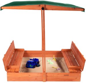 Bauerkraft Drewniana piaskownica ogrodowa z daszkiem zamykana z ławkami 120x120 ciemnozielona 6