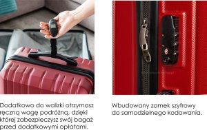 Średnia walizka podróżna bordo ABS zamek szyfrowy + waga bagażowa gratis 10