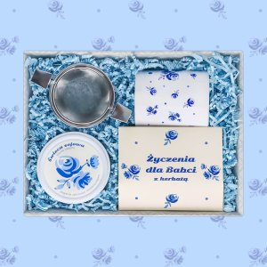 Gotowy zestaw prezentowy Życzenia dla Babci herbata sypana PREMIUM mix 5 smaków w saszetkach zaparzacz kubek świeca prezent upominek na Dzień Babci 3
