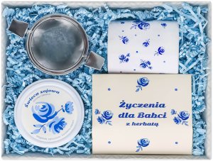 Gotowy zestaw prezentowy Życzenia dla Babci herbata sypana PREMIUM mix 5 smaków w saszetkach zaparzacz kubek świeca prezent upominek na Dzień Babci 10