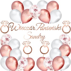 Zestaw Panieński Balony Baner Toppery Pierścionki Biel-Rose Gold 1