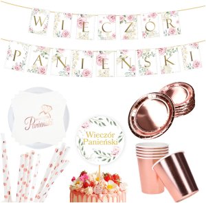 Zestaw Wieczór Panieński Kubeczki Talerzyki Topper Baner Rosegold 1